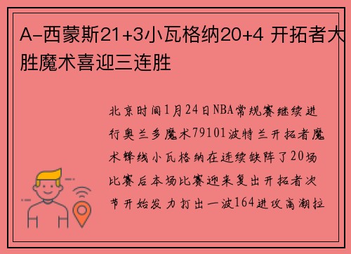 A-西蒙斯21+3小瓦格纳20+4 开拓者大胜魔术喜迎三连胜