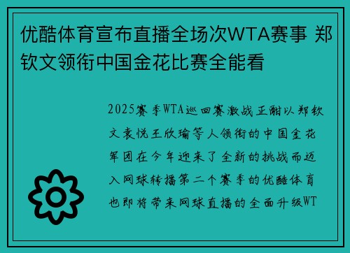 优酷体育宣布直播全场次WTA赛事 郑钦文领衔中国金花比赛全能看