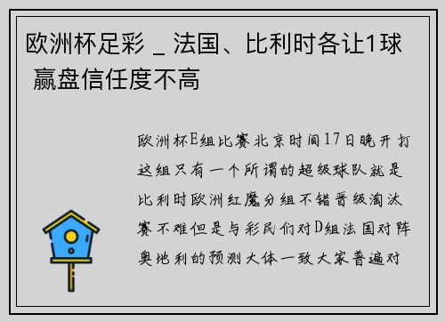 欧洲杯足彩 _ 法国、比利时各让1球 赢盘信任度不高