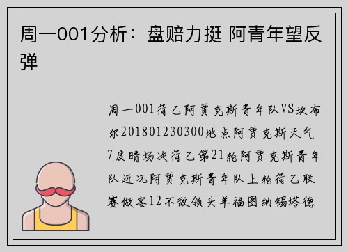 周一001分析：盘赔力挺 阿青年望反弹
