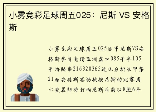 小雾竞彩足球周五025：尼斯 VS 安格斯