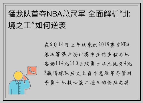 猛龙队首夺NBA总冠军 全面解析“北境之王”如何逆袭