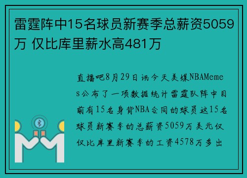 雷霆阵中15名球员新赛季总薪资5059万 仅比库里薪水高481万